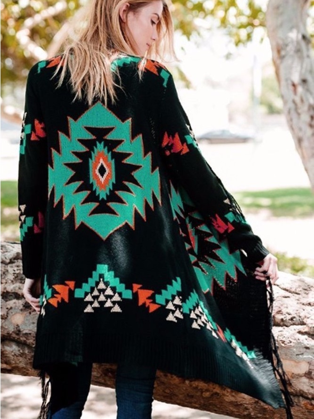 Aztec Fringe Open-Front Sweater - Black w/ Turquoise, Orange, & Gold size L/XL